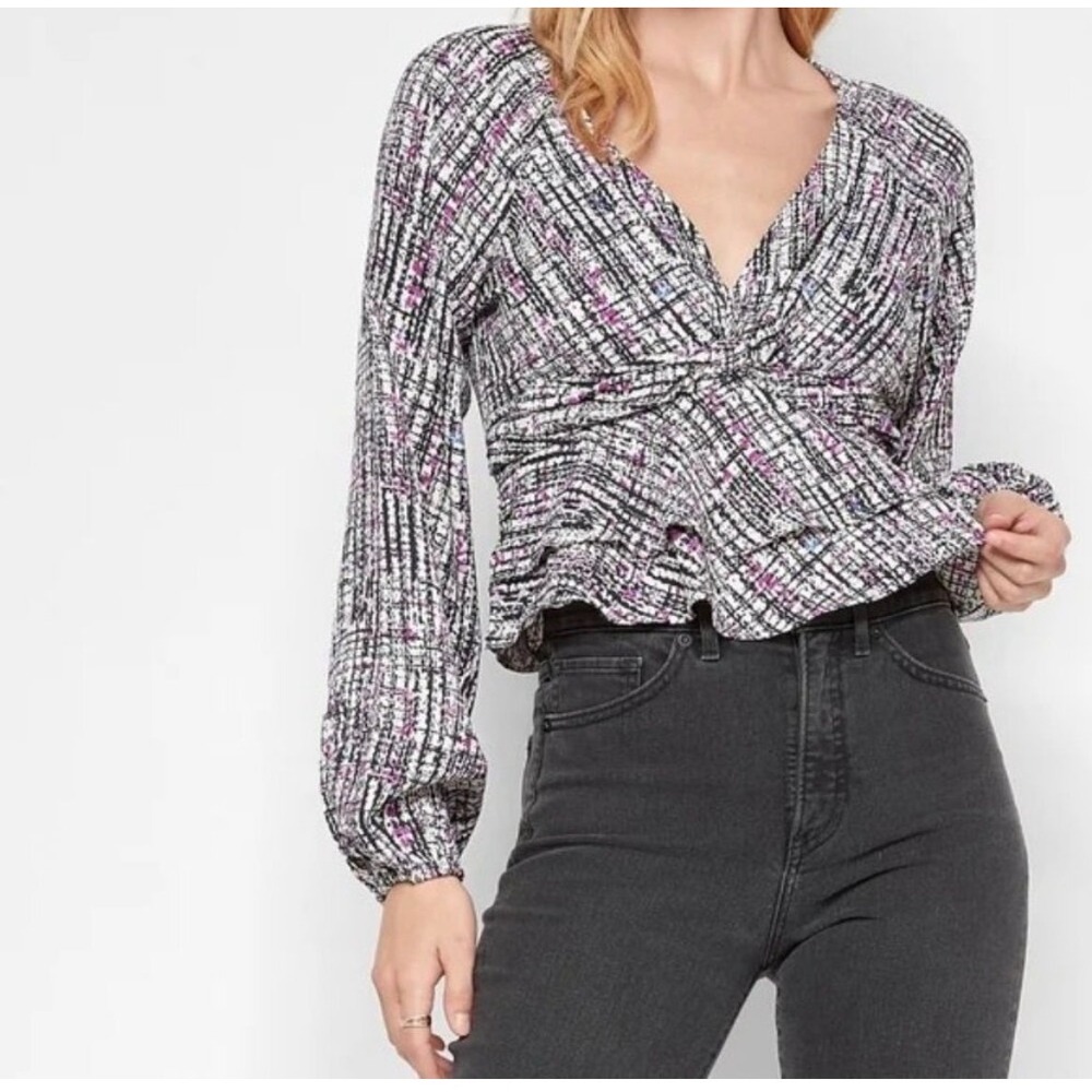 Express Twist Front Peplum Blouse Size Small Black‎ White Purple Crop Top